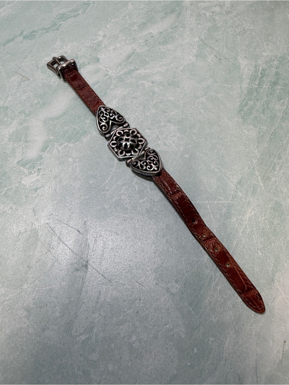 Brighton brown leather bracelet with silver tone heart detail belt style